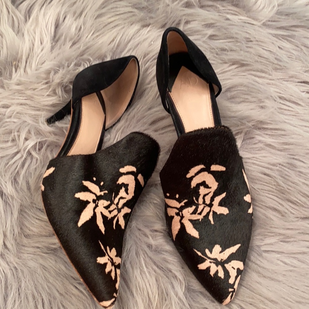 AD & Daughters calf hair floral mule heels